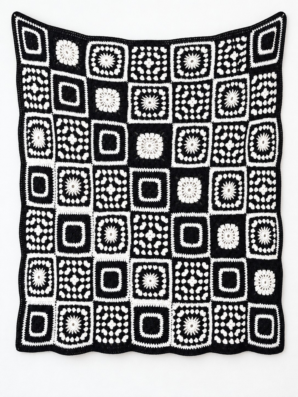 Vintage 70s Handmade Crochet Granny Square Throw Blanket Black White Retro Boho